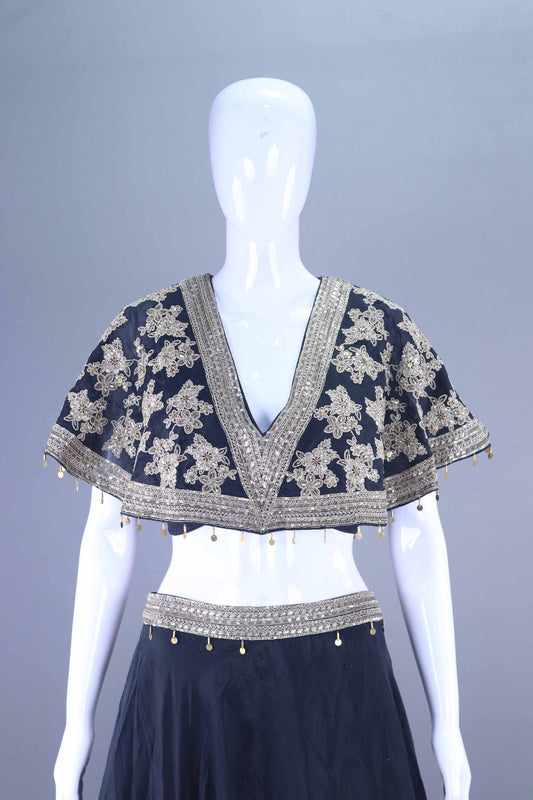 Black Designer Embroidered Lehenga Choli with Cape Style Blouse