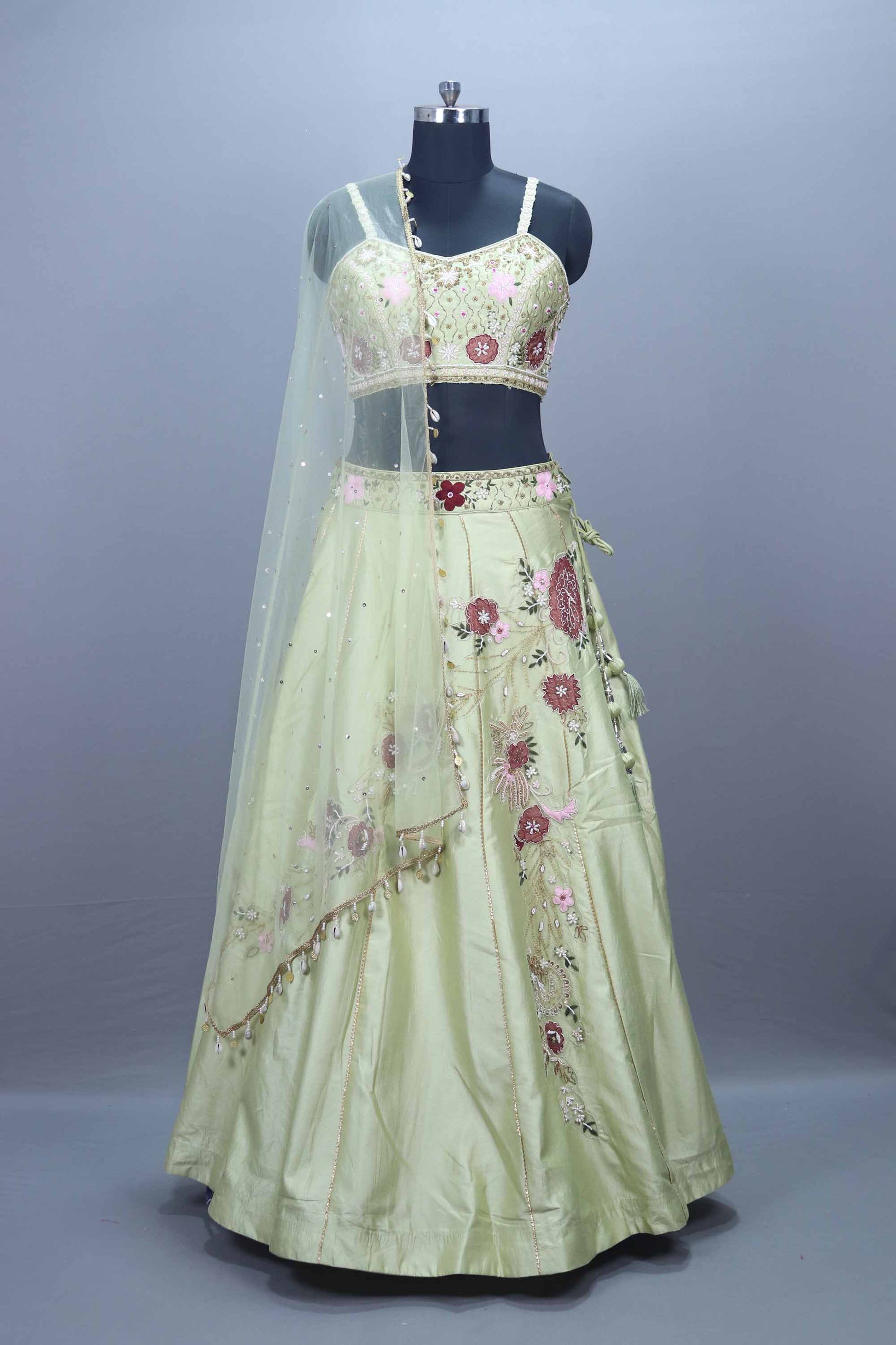 Pastel Green Embroidered Silk Lehenga Choli with Net Dupatta