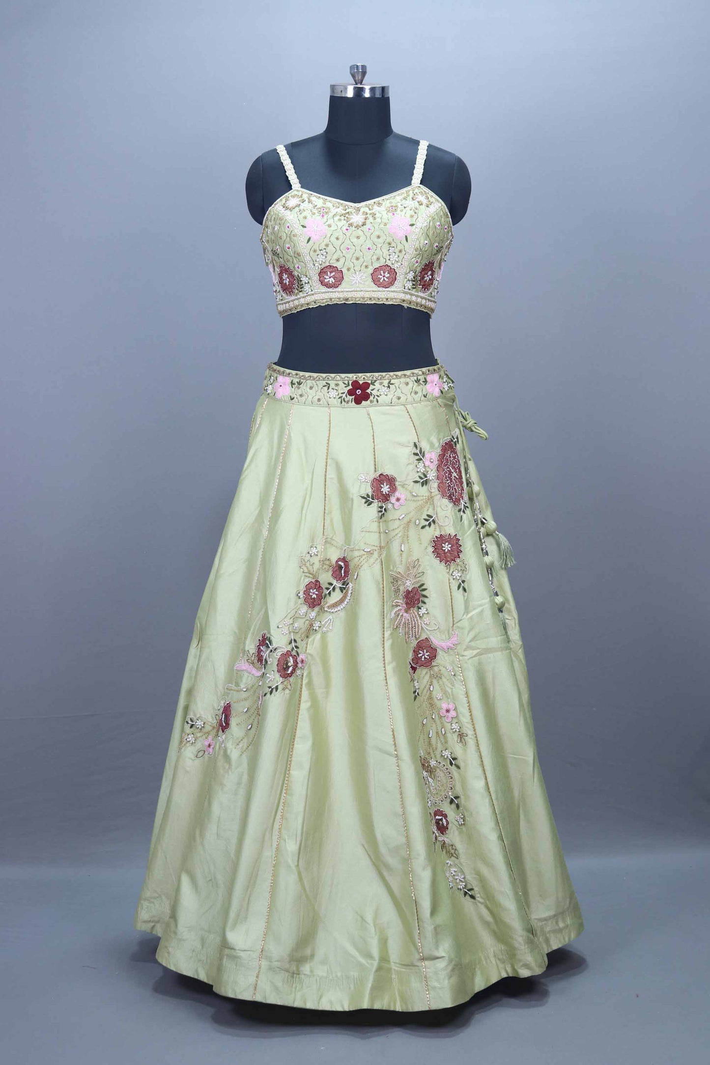 Pastel Green Embroidered Silk Lehenga Choli with Net Dupatta