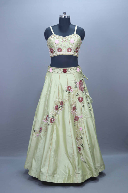 Pastel Green Embroidered Silk Lehenga Choli with Net Dupatta
