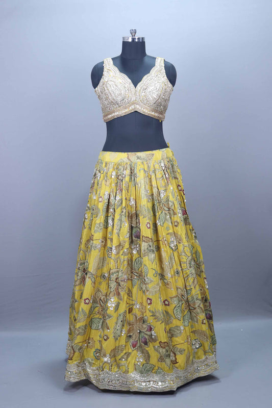 Yellow Floral Embroidered Designer Lehenga Choli with Dupatta