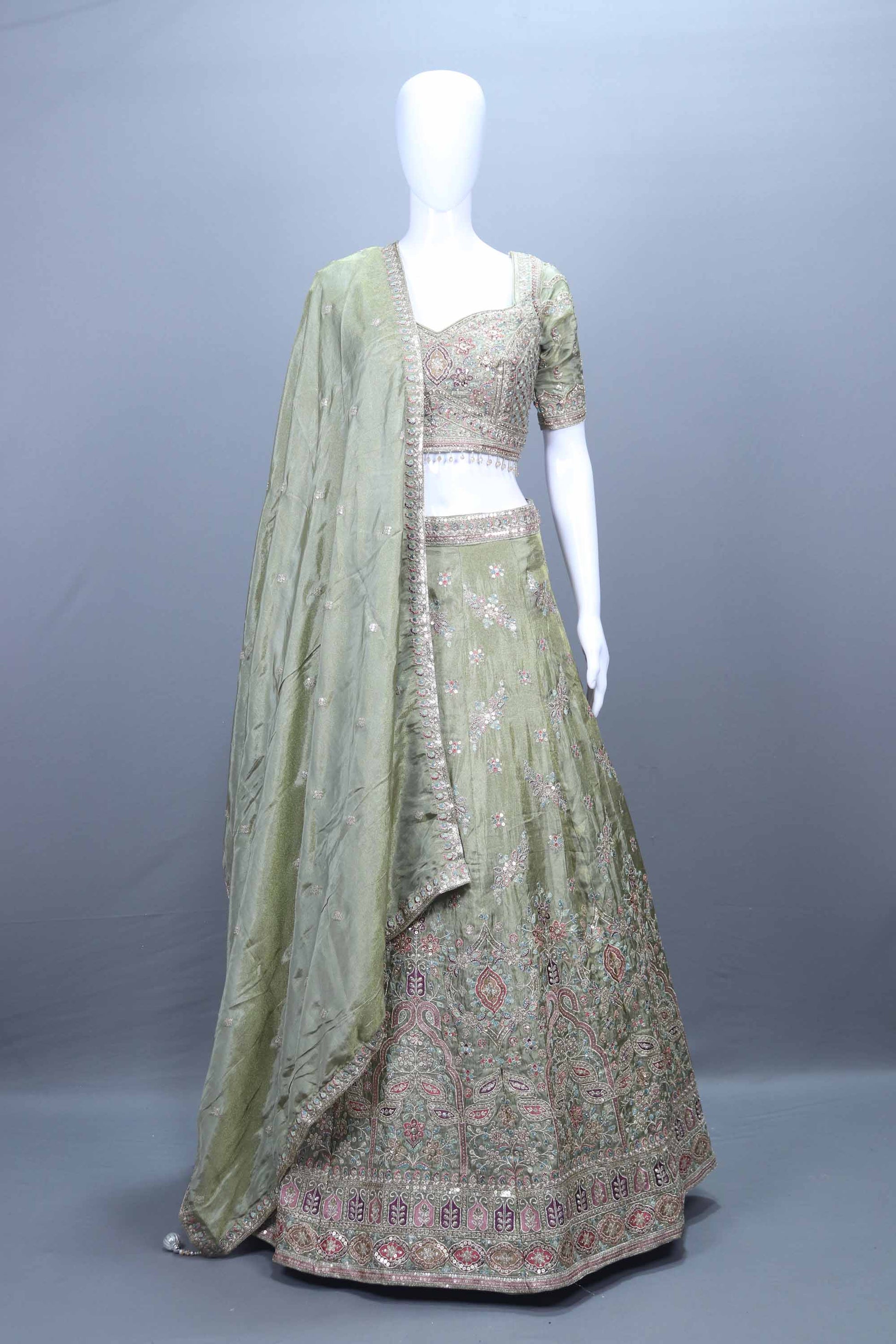 Premium Sage Green Heavy Embroidered Bridal Lehenga Choli with Dupatta