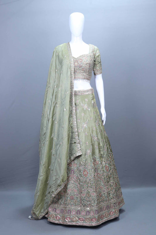 Premium Sage Green Heavy Embroidered Bridal Lehenga Choli with Dupatta