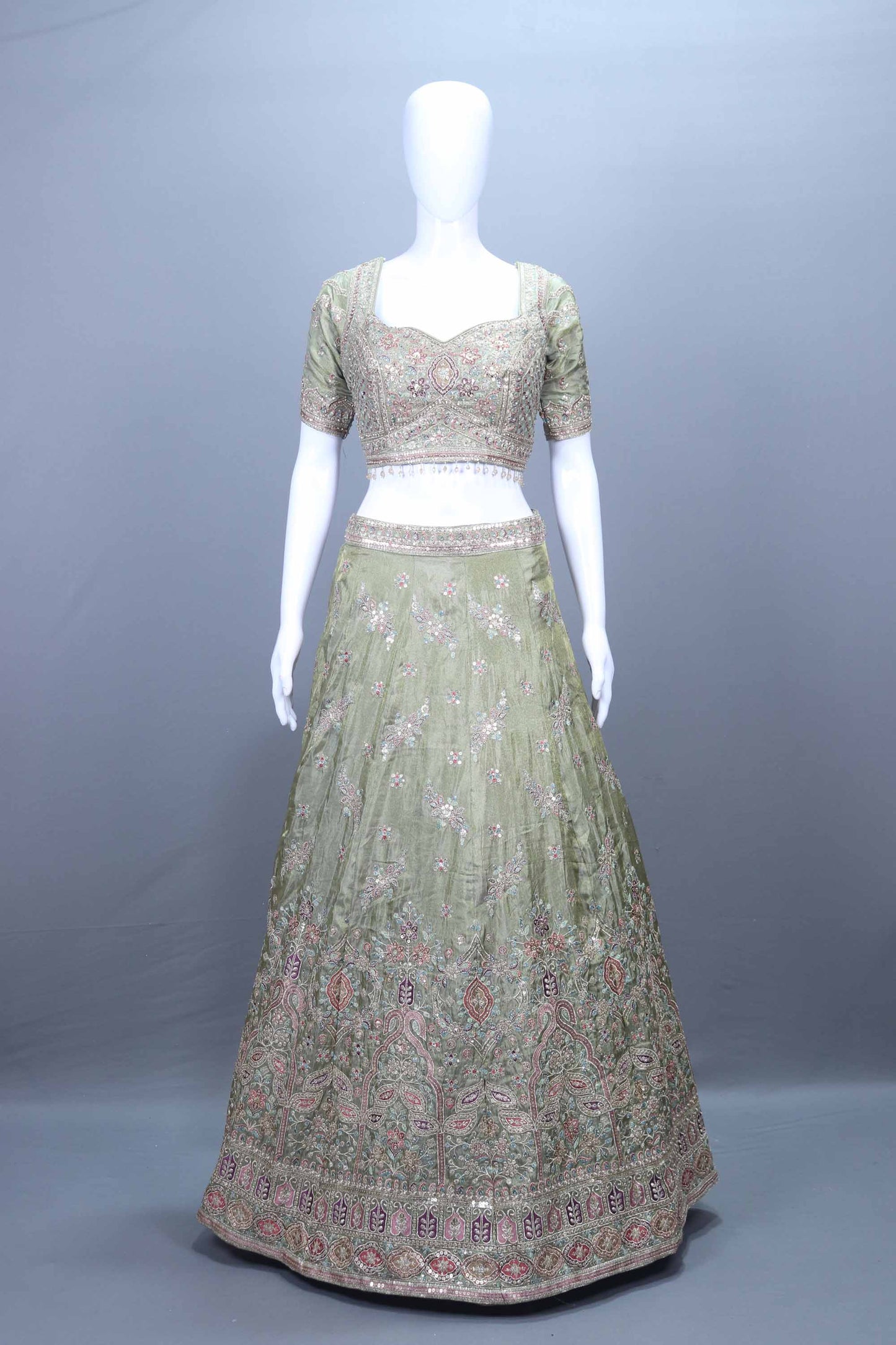 Premium Sage Green Heavy Embroidered Bridal Lehenga Choli with Dupatta