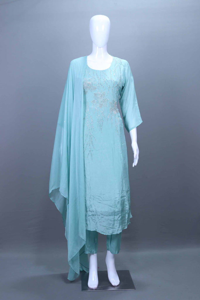 Sky Blue Silk Straight Kurta Set with Dupatta Festive Wear