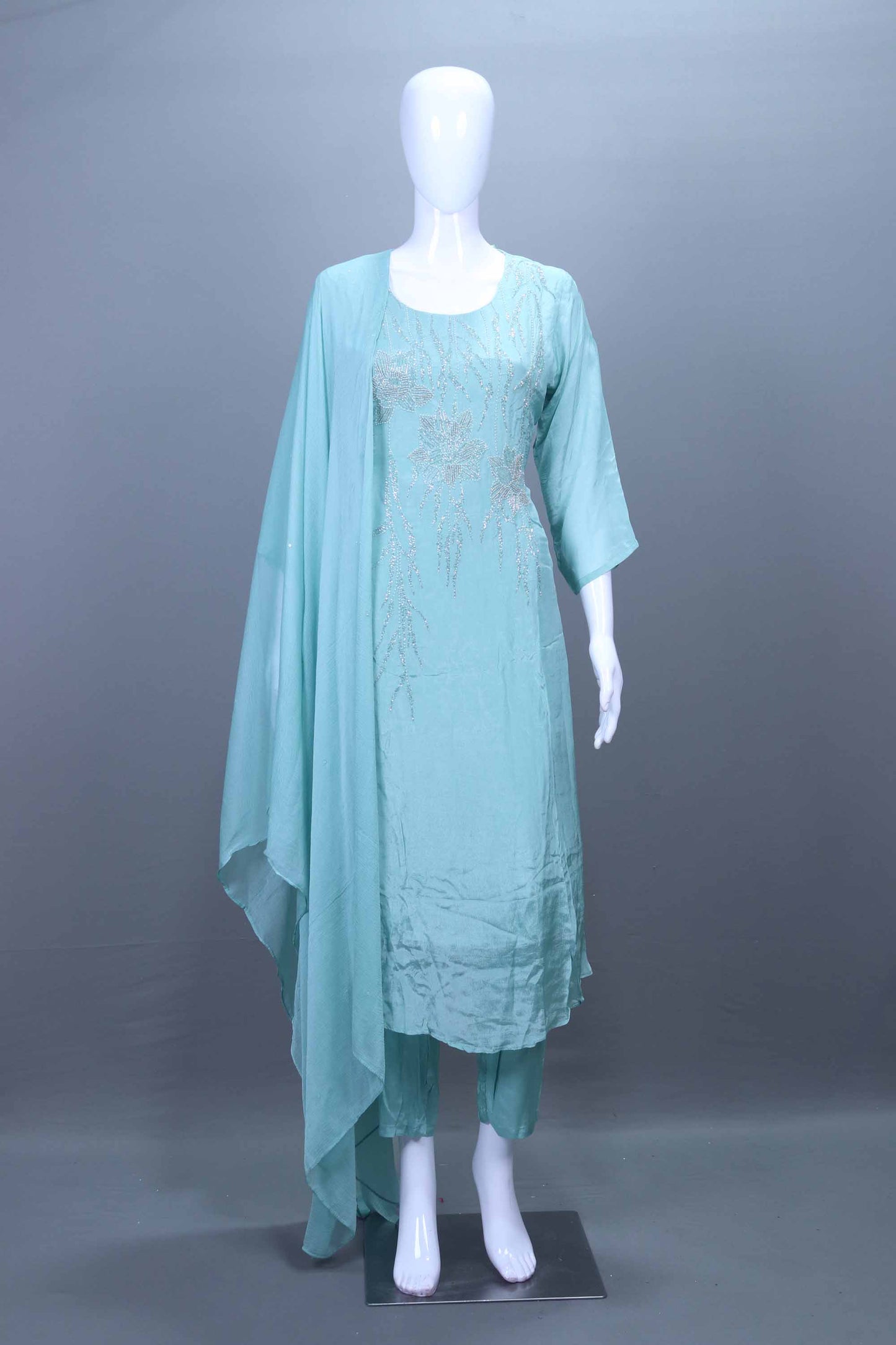 Sky Blue Silk Straight Kurta Set with Dupatta Festive Wear