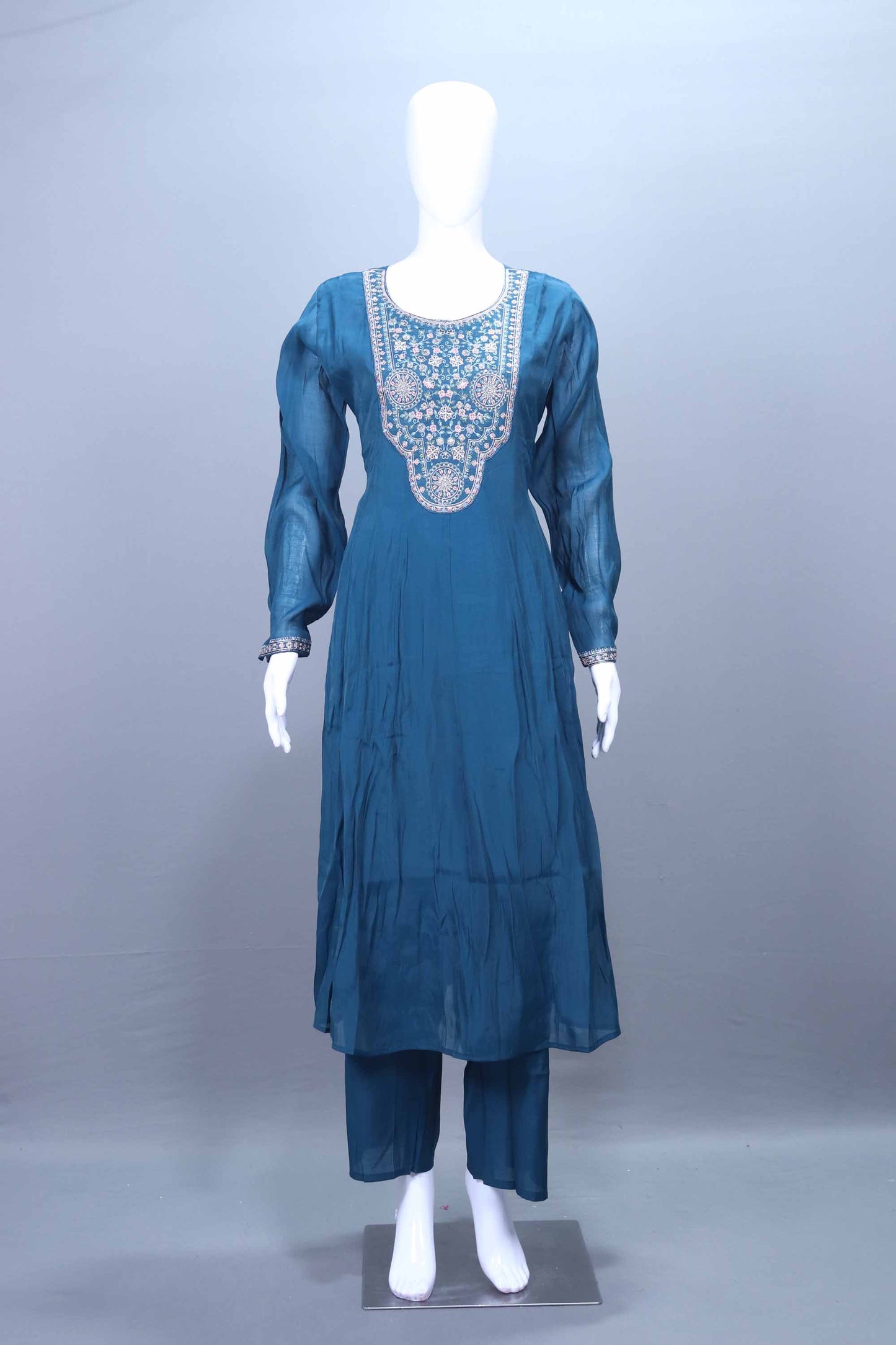 Teal Blue Embroidered Silk Straight Suit Set with Matching Dupatta