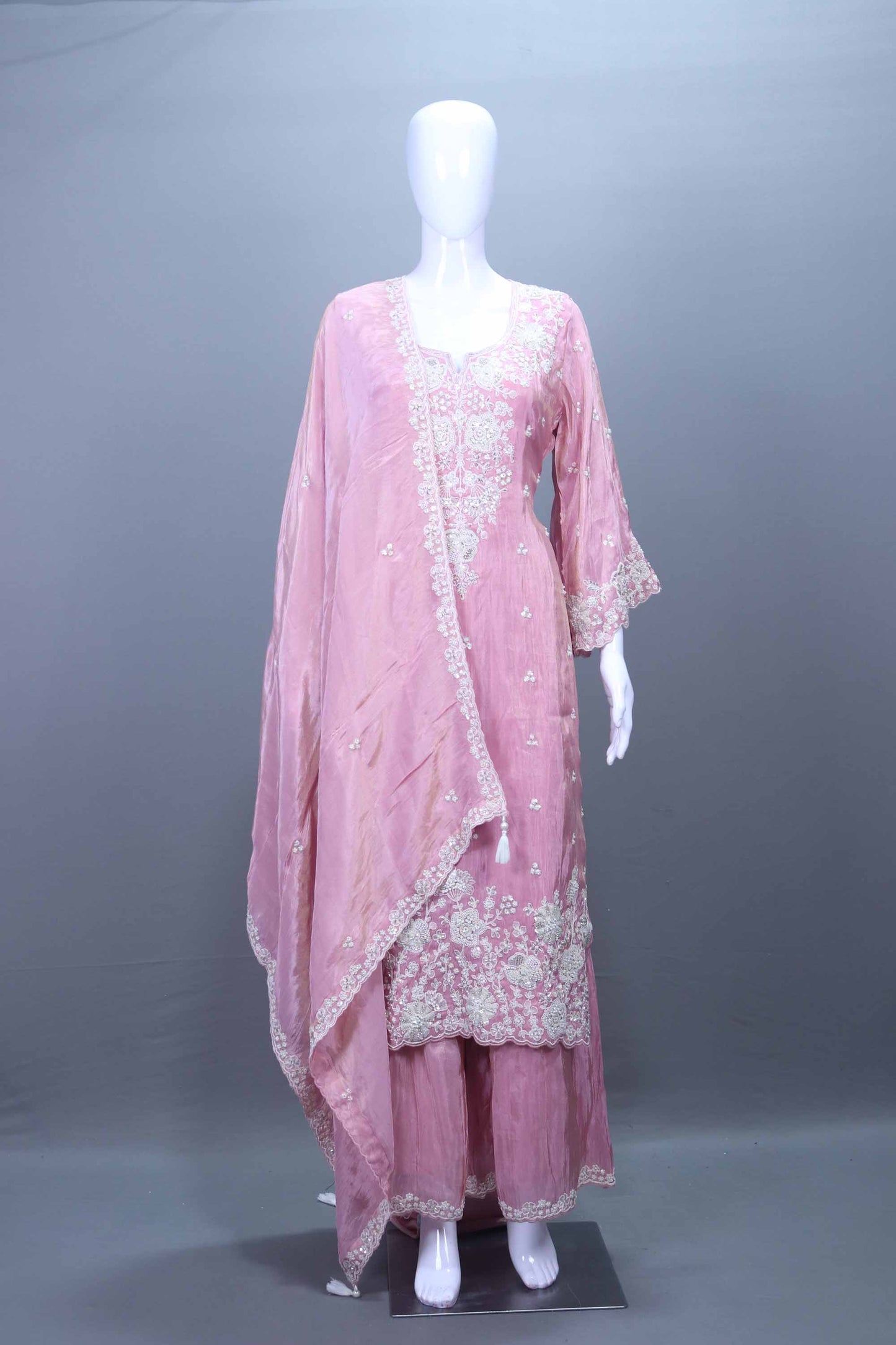 Elegant Pink Embroidered Silk Kurta Set with Palazzo And Dupatta