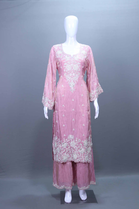 Elegant Pink Embroidered Silk Kurta Set with Palazzo And Dupatta