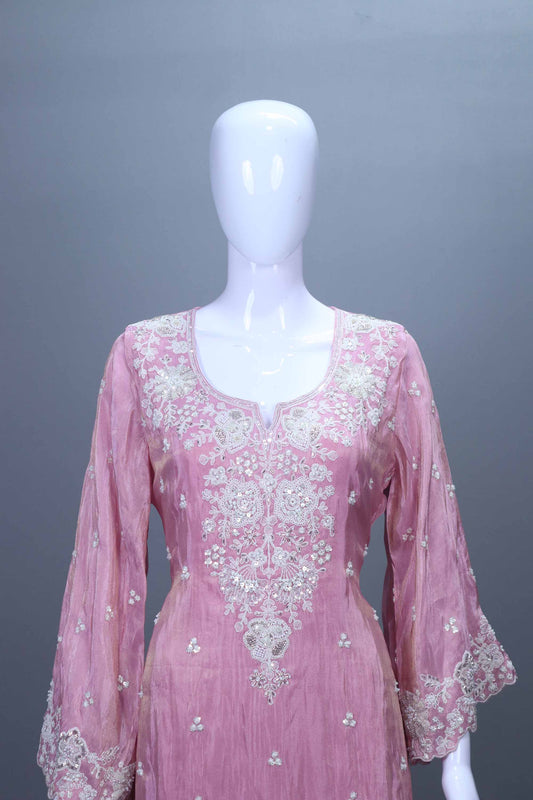 Elegant Pink Embroidered Silk Kurta Set with Palazzo And Dupatta