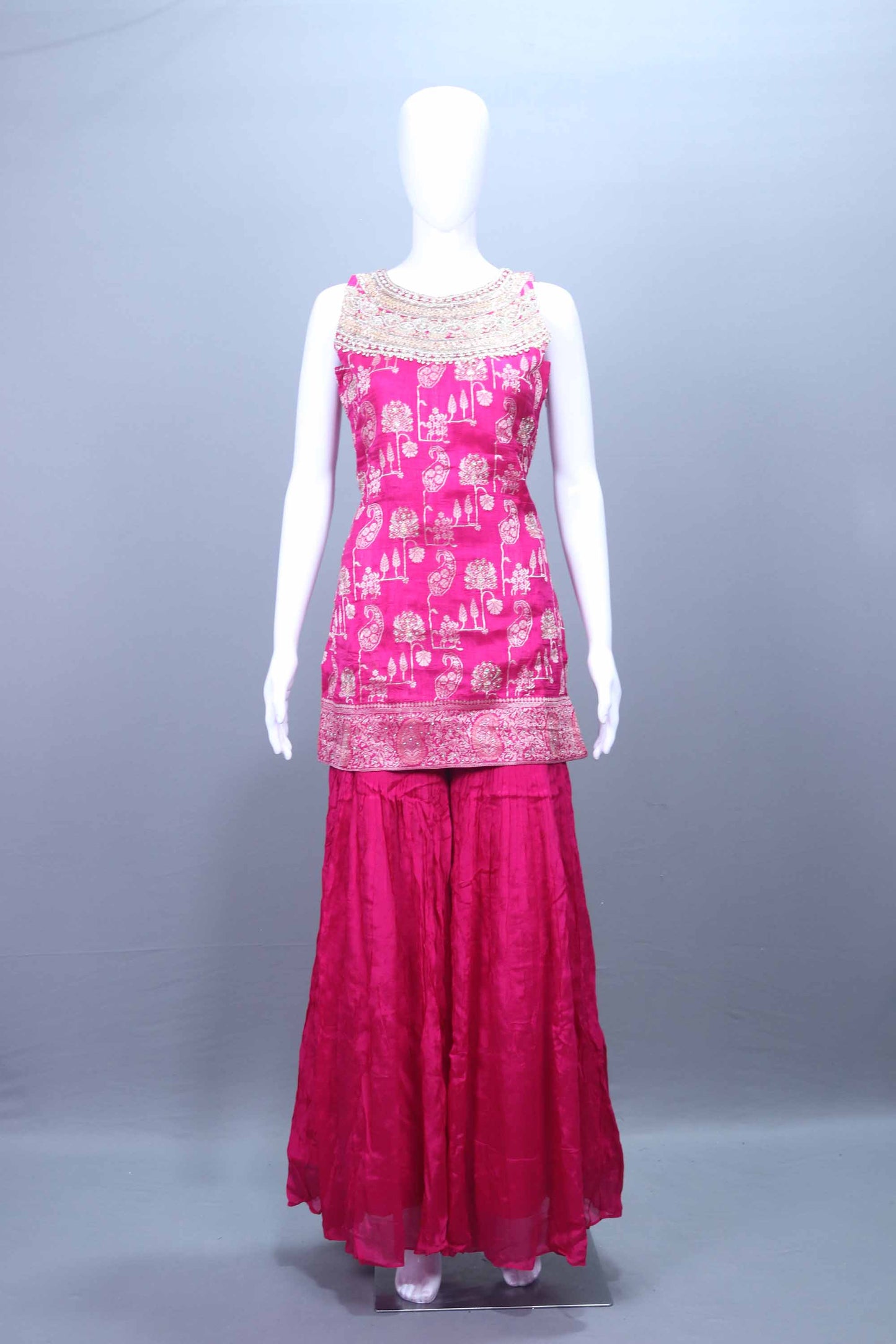 Rani Pink Printed Kurti with Ruffle Cape and Sharara Set Festive Wear