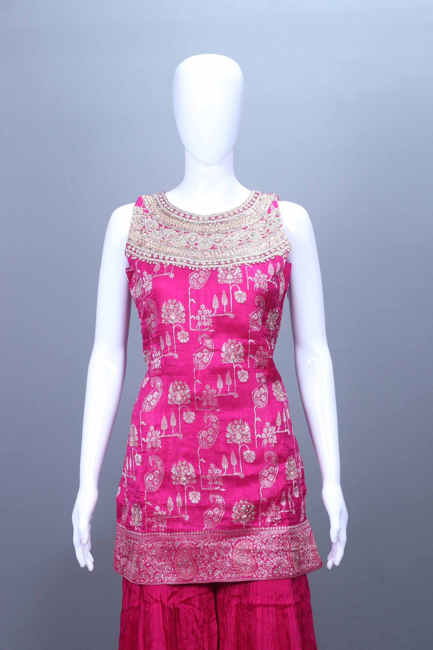 Rani Pink Printed Kurti with Ruffle Cape and Sharara Set Festive Wear
