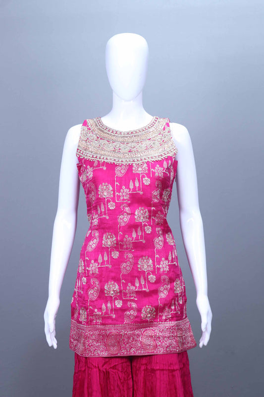 Rani Pink Printed Kurti with Ruffle Cape and Sharara Set Festive Wear