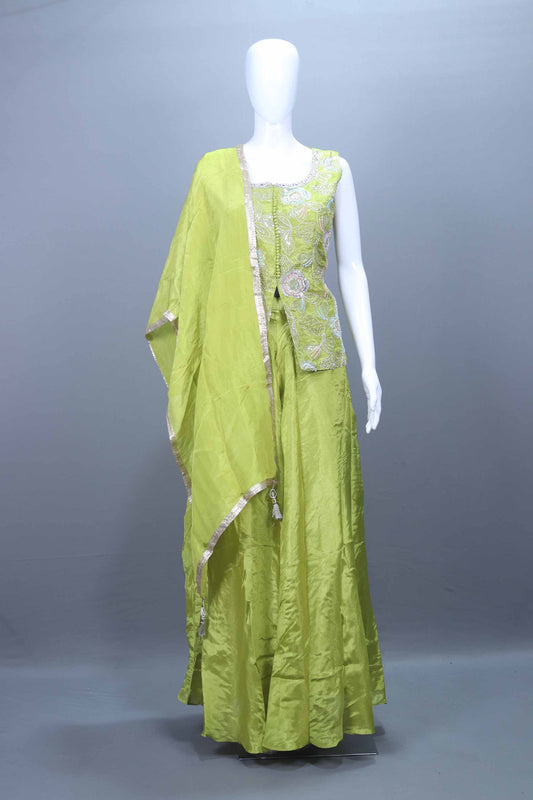 Lime Yellow Embroidered Silk Palazzo Set with Matching Dupatta