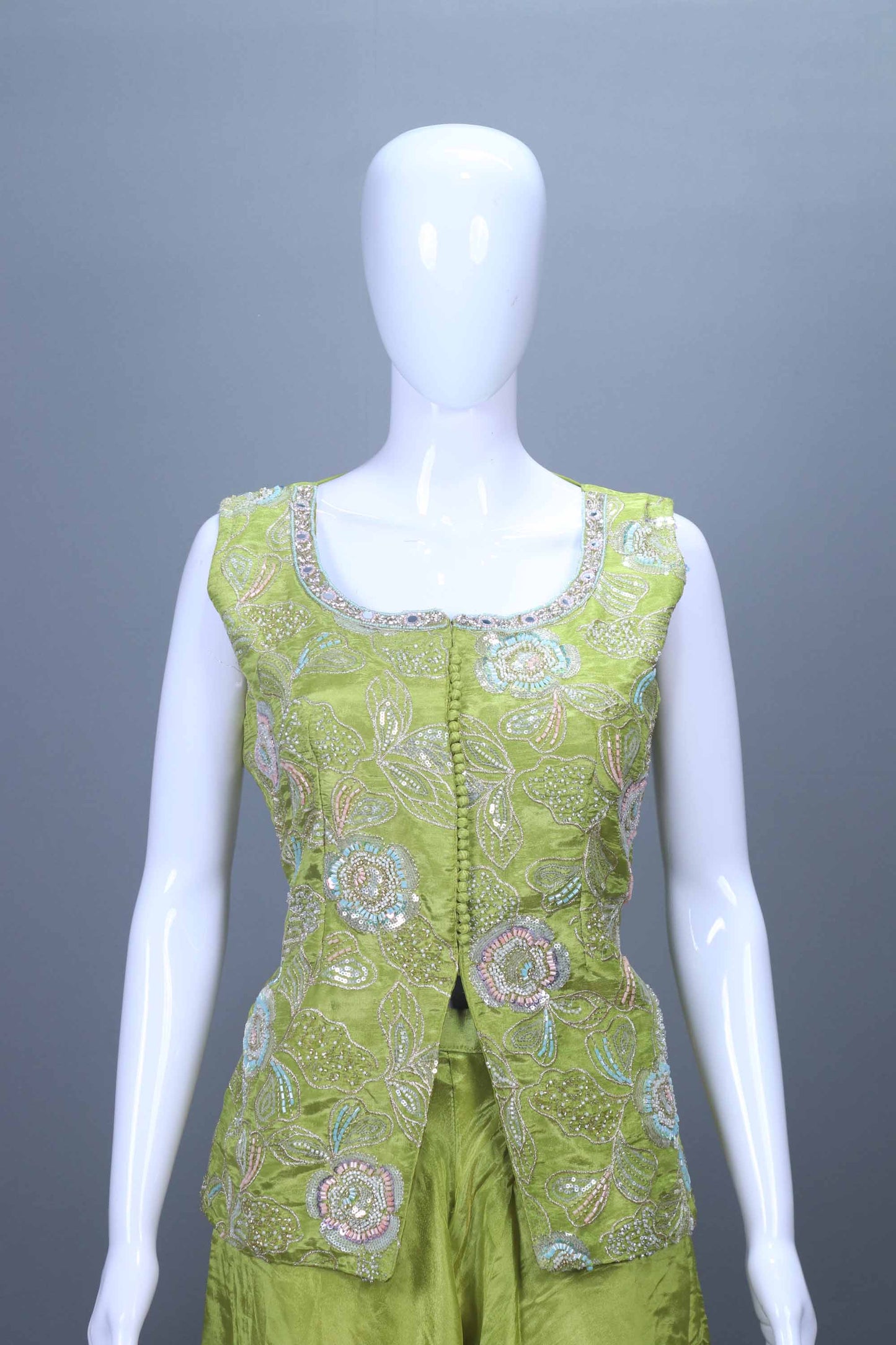 Lime Yellow Embroidered Silk Palazzo Set with Matching Dupatta