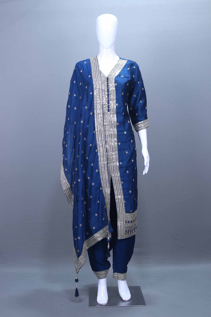 Royal Blue Heavy Embroidered Silk Kurta Set with Dupatta for Festive Wear