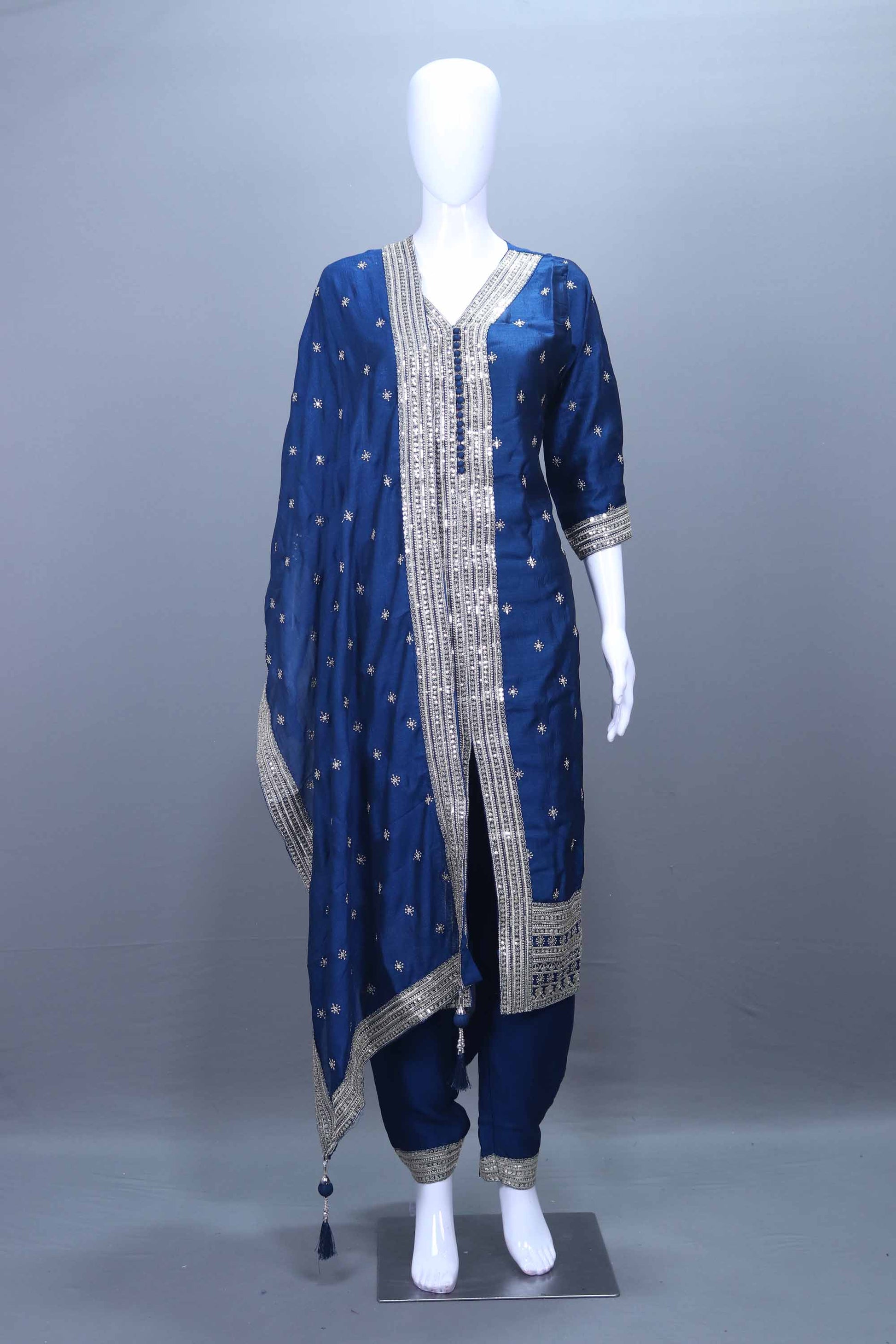 Royal Blue Heavy Embroidered Silk Kurta Set with Dupatta for Festive Wear