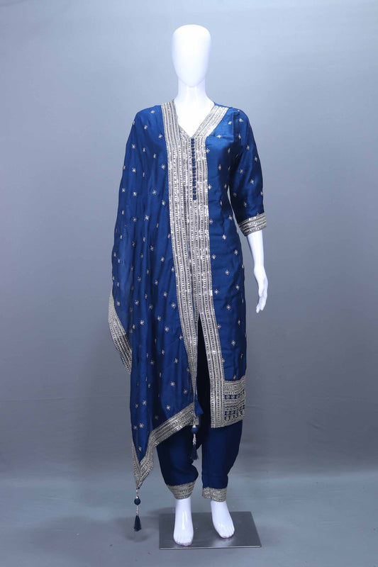 Royal Blue Heavy Embroidered Silk Kurta Set with Dupatta for Festive Wear