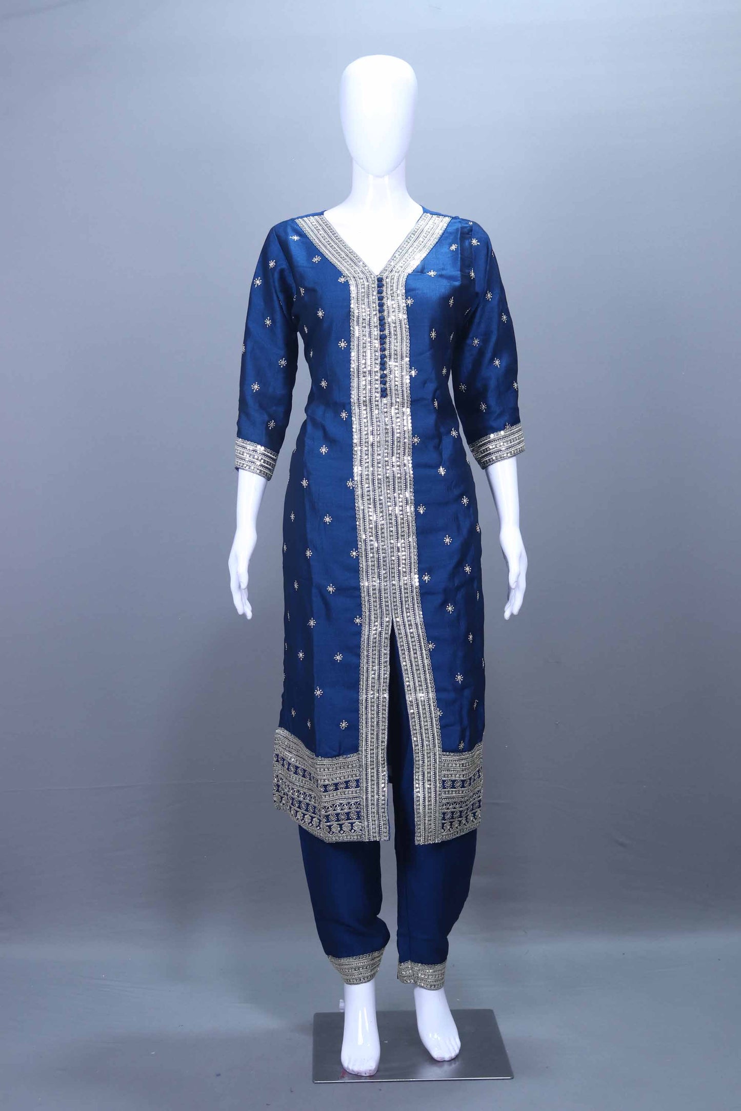 Royal Blue Heavy Embroidered Silk Kurta Set with Dupatta for Festive Wear