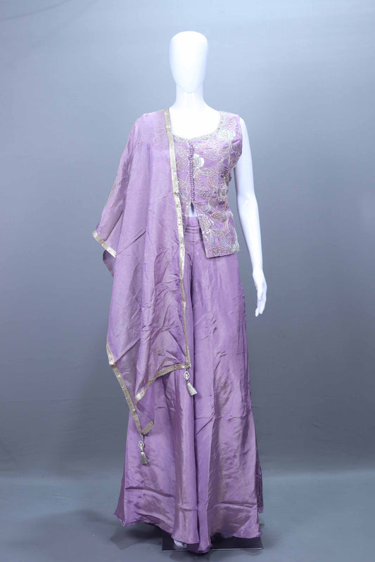 Lavender Embroidered Silk Crop Top and Sharara Set with Dupatta