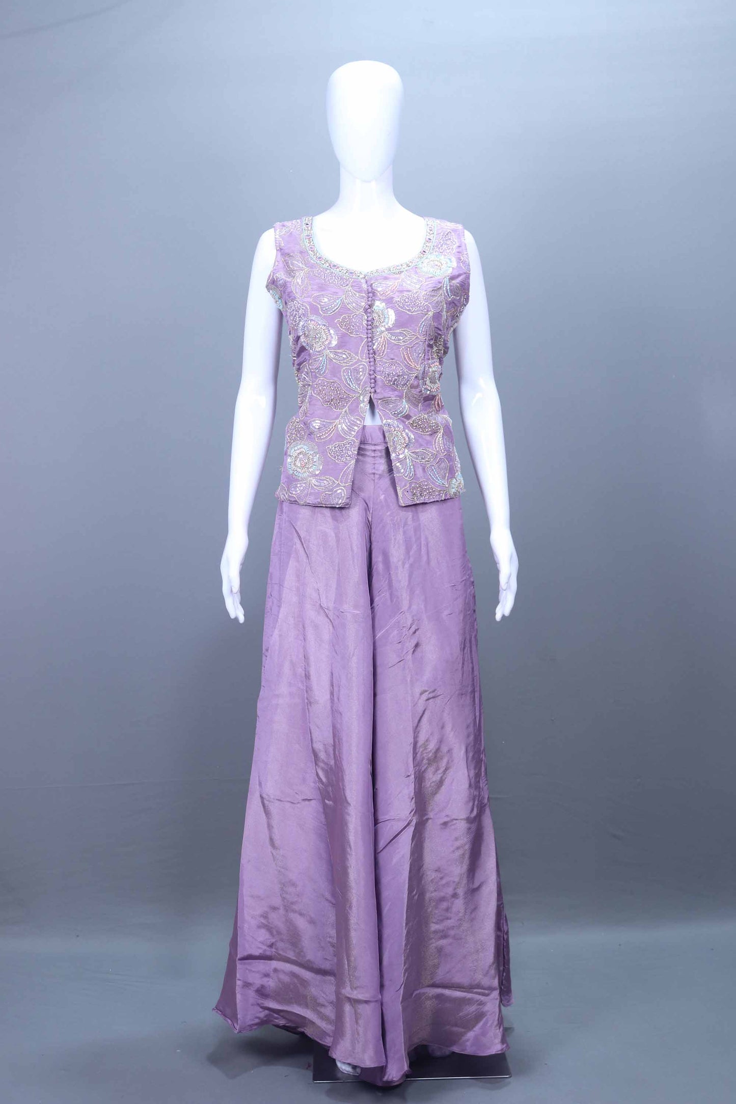 Lavender Embroidered Silk Crop Top and Sharara Set with Dupatta