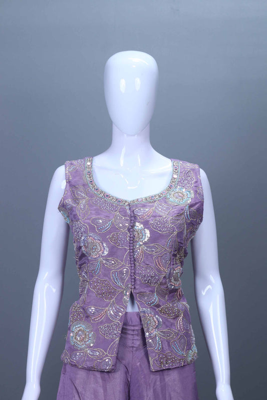 Lavender Embroidered Silk Crop Top and Sharara Set with Dupatta