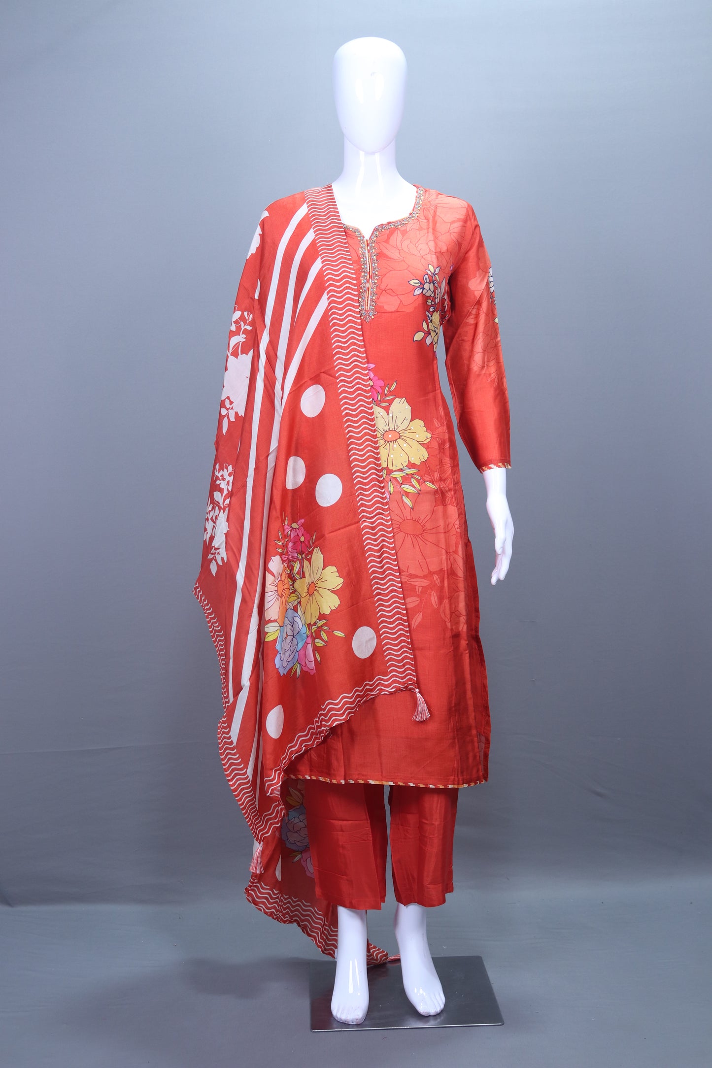 Elegant Red Floral Printed Kurta Set with Matching Dupatta Party Wear