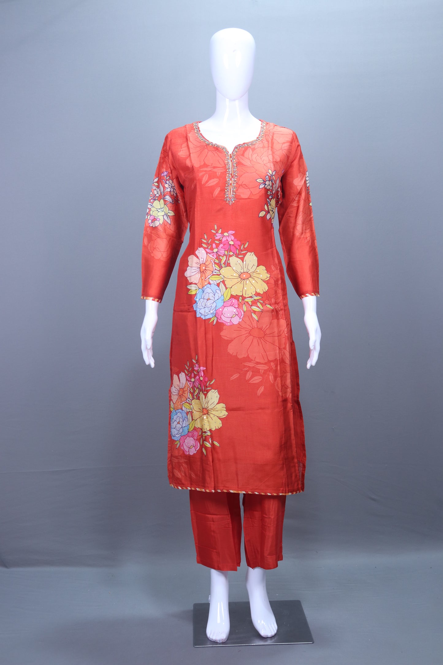 Elegant Red Floral Printed Kurta Set with Matching Dupatta Party Wear