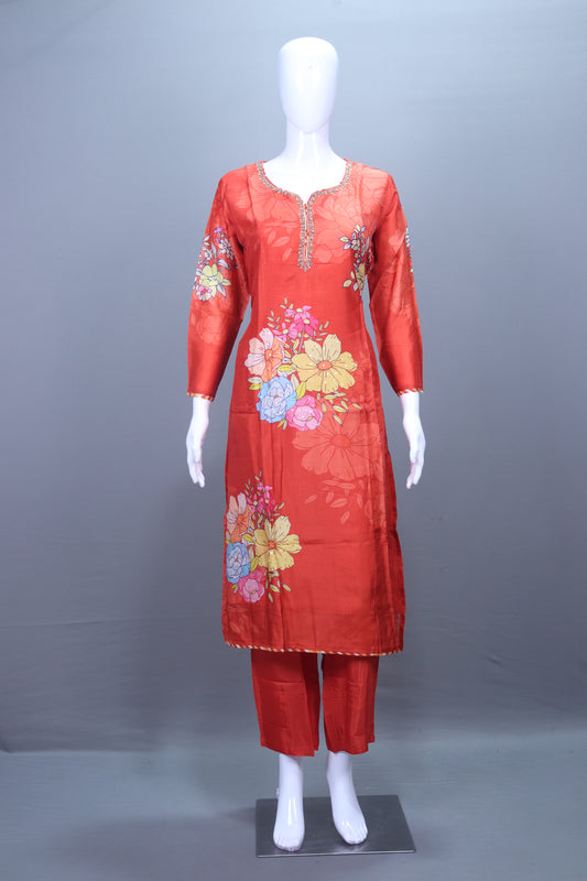 Elegant Red Floral Printed Kurta Set with Matching Dupatta Party Wear