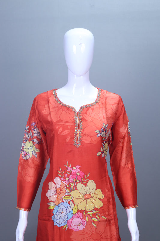 Elegant Red Floral Printed Kurta Set with Matching Dupatta Party Wear
