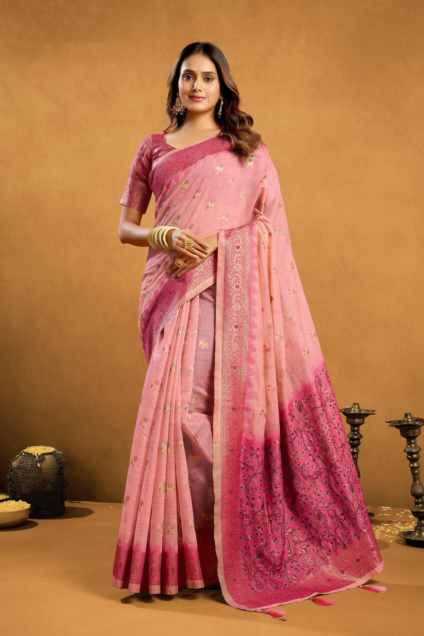Beautiful Pink Premium Spun Cotton Zari Woven Saree Zhallar for Women