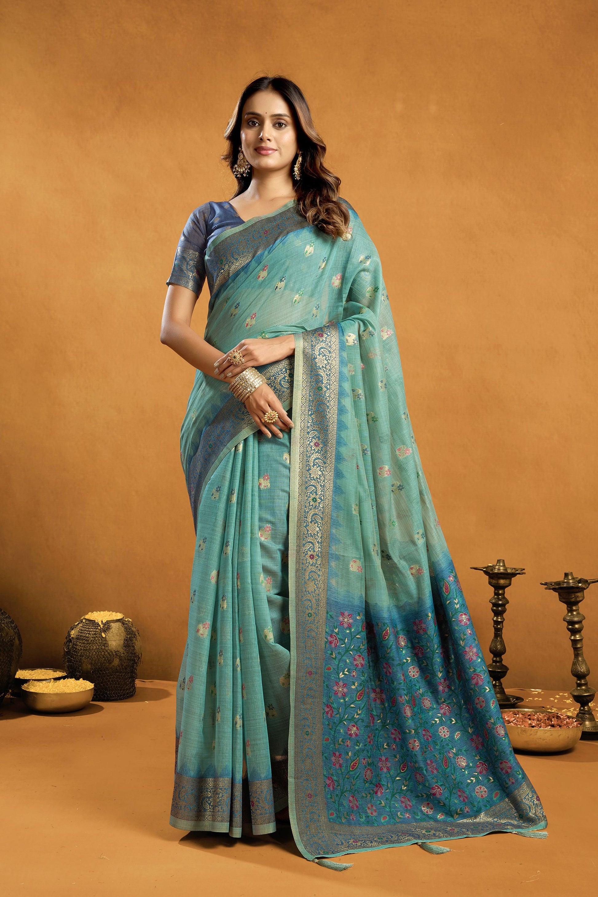 Graceful Sea Green Premium Spun Cotton Zari Woven Saree Zhallar for Women