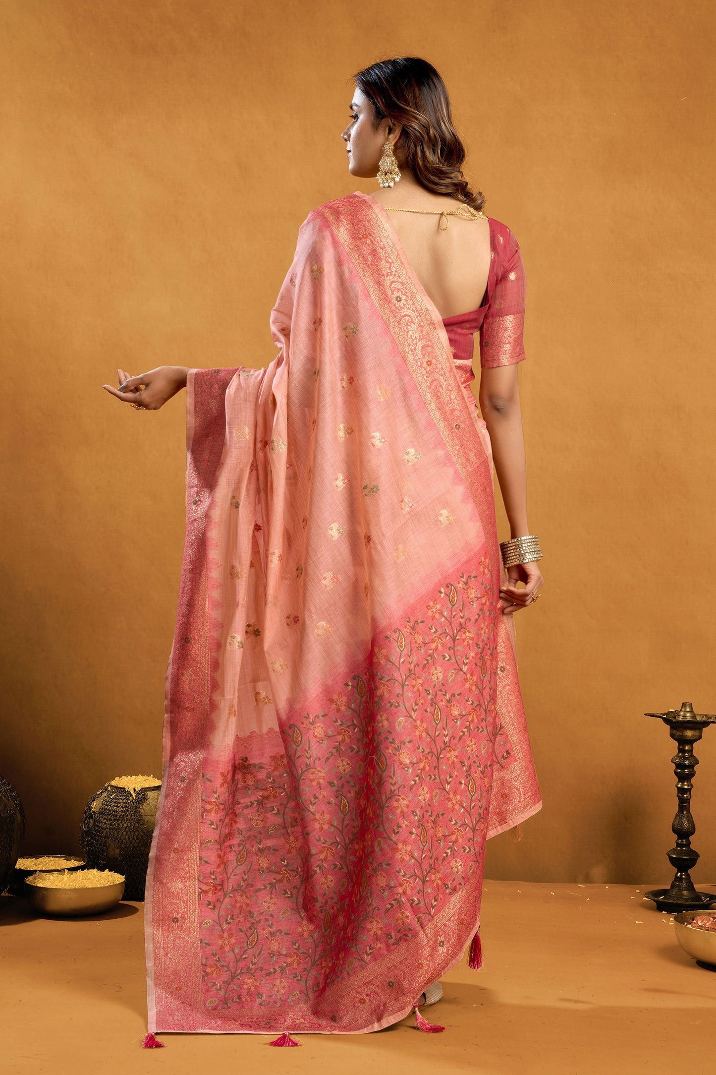 Premium Peach Premium Spun Cotton Zari Woven Saree Zhallar for Women