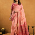 Premium Peach Premium Spun Cotton Zari Woven Saree Zhallar for Women