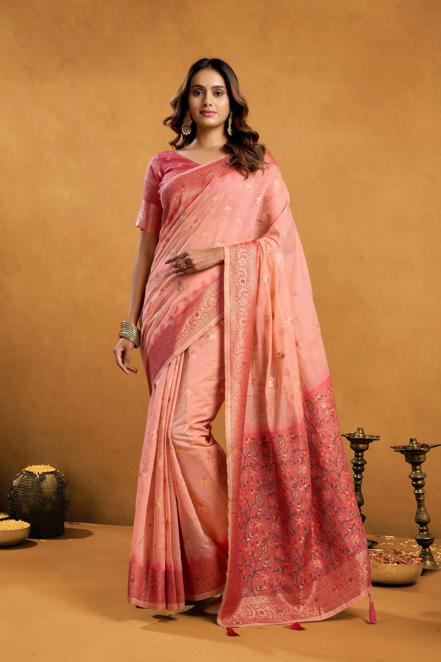 Premium Peach Premium Spun Cotton Zari Woven Saree Zhallar for Women