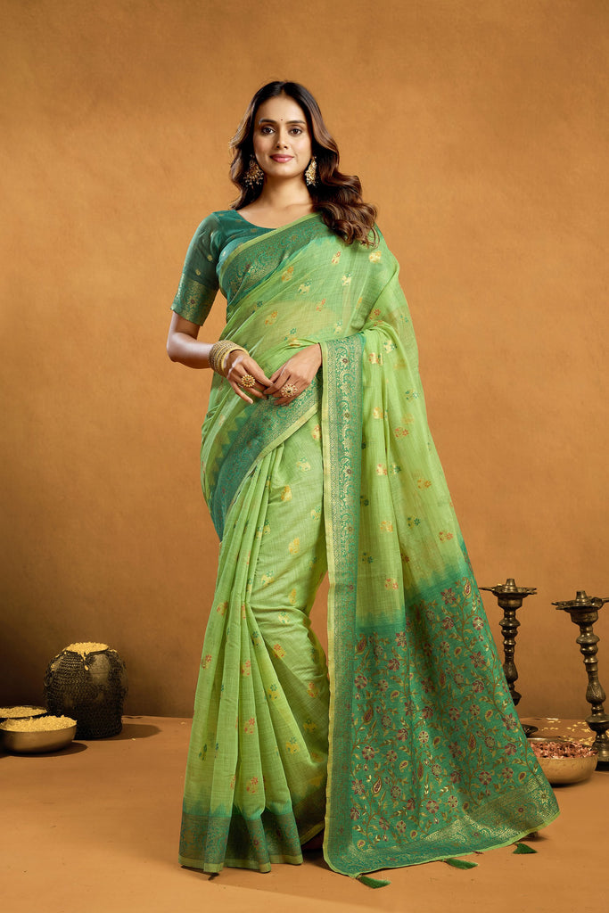 Gorgeous Pista Green Premium Spun Cotton Zari Woven Saree Zhallar for Women