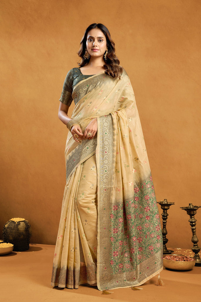 Awesome Cream Premium Spun Cotton Zari Woven Saree Zhallar for Women