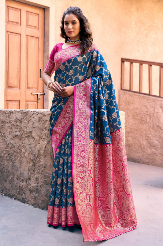 Royal Teal Blue Banarasi Silk Zari Woven Saree for Women