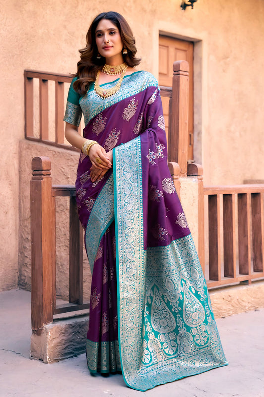 Stylish Purple Banarasi Silk Zari Woven Designer Saree for Women