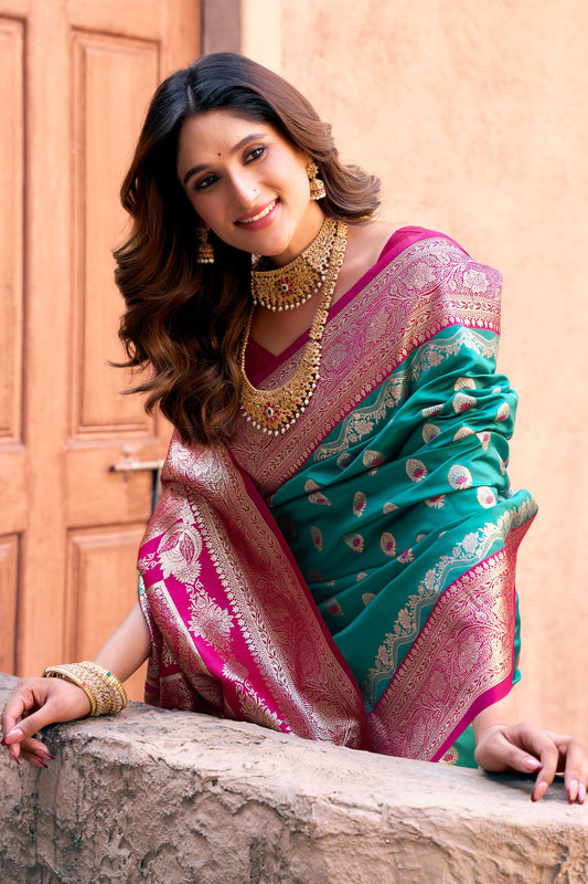 Luxury Sea Green Banarasi Silk Zari Woven Designer Saree for Women