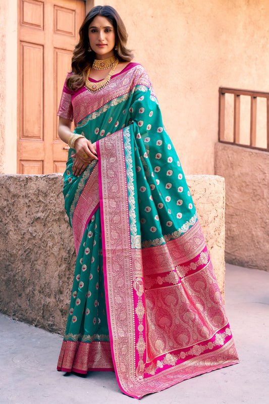 Luxury Sea Green Banarasi Silk Zari Woven Designer Saree for Women