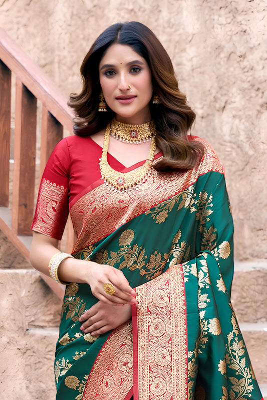 Stylish Bottle Green Banarasi Silk Zari Woven Designer Saree for Women