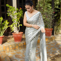 Luxury Silver Grey Georgette Embroidery Work Saree