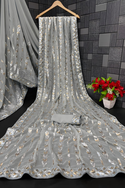 Luxury Silver Grey Georgette Embroidery Work Saree