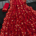 Premium Red Georgette Foil Print Work Party Wear Saree