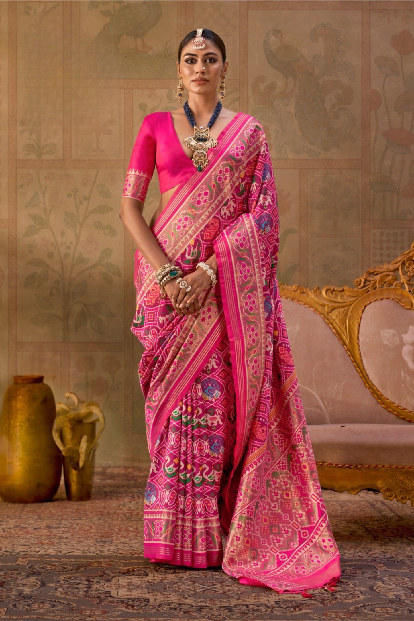 Beautiful Rani Pink Patola Silk Saree with Traditional Patola Weaving