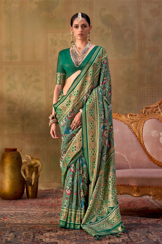 Gracefull Olive Green Patola Silk Saree Traditional Patola Weaving for Wedding