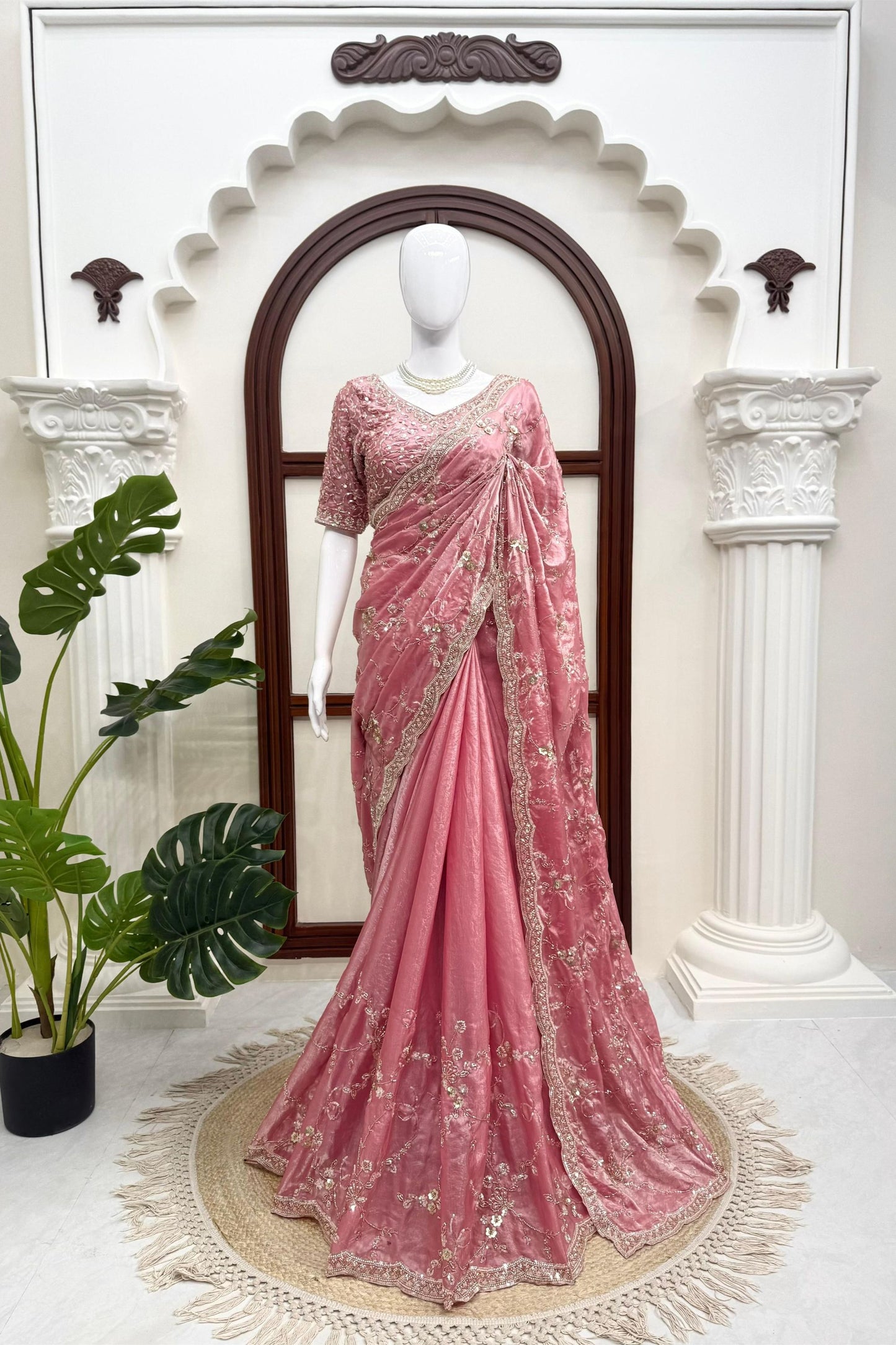Lovely Pink Fendy Silk Heavy Beads Work Sequin Work Saree for Women