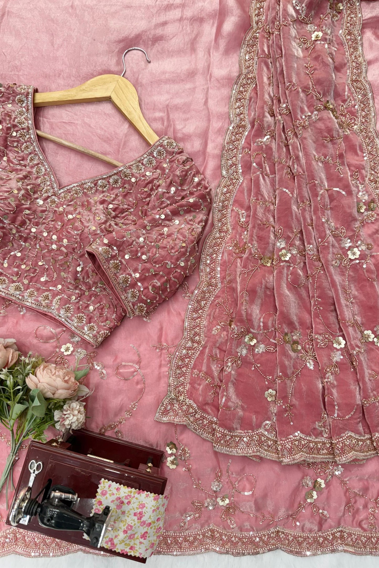 Lovely Pink Fendy Silk Heavy Beads Work Sequin Work Saree for Women