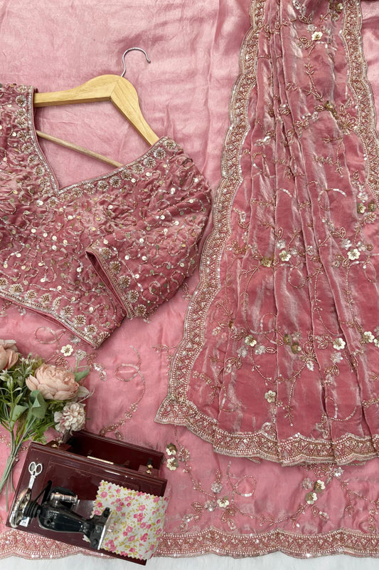 Lovely Pink Fendy Silk Heavy Beads Work Sequin Work Saree for Women